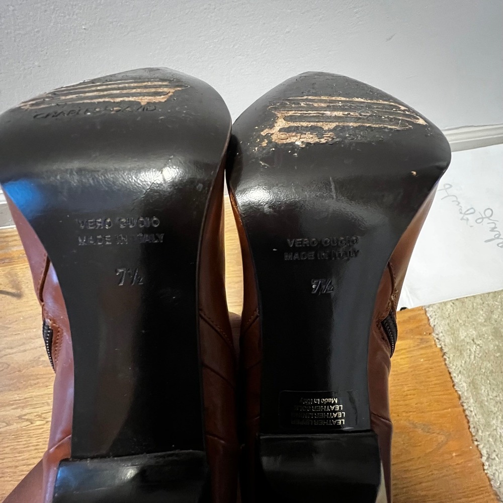 Vintage Charles David Italy Brown Leather Pointed Toe Stiletto Knee Boots 7.5 - Picture 4 of 7